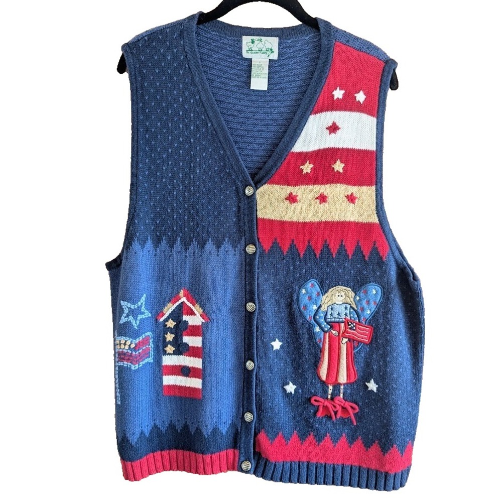Quacker Factory Sweater Vest Womens Size L Patriotic Americana Flag Cottagecore